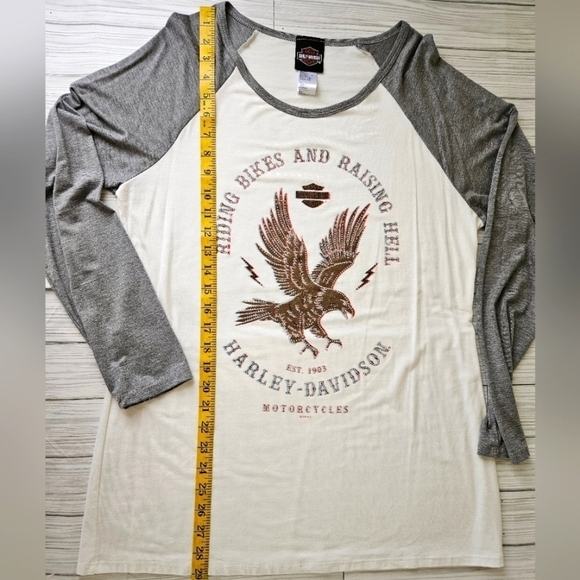 Harley-Davidson Riding Bikes Raising Hell Long Sleeve Cream Rhinestone Top Sz 1X - Picture 11 of 11